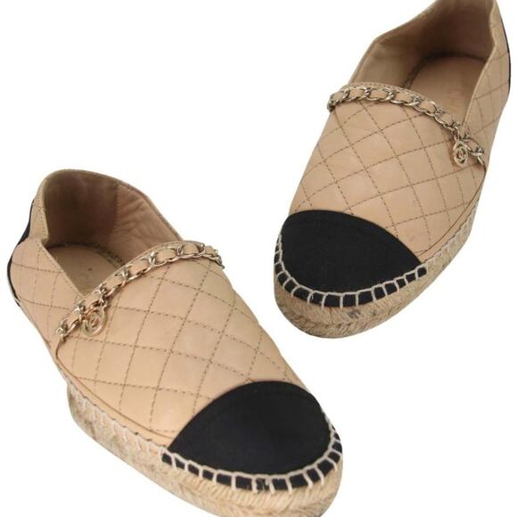Chanel Espadrille 37 Diamond Quilted Leather Chain Flats CC-0322N-0078 - Picture 2 of 12